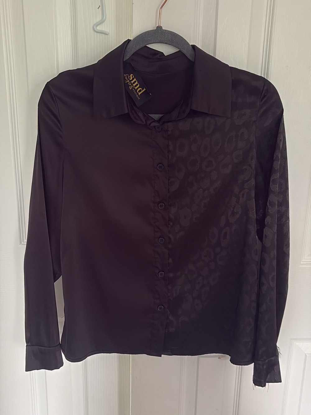AND Black Satin Button-Down with Subtle Leopard Jacquard